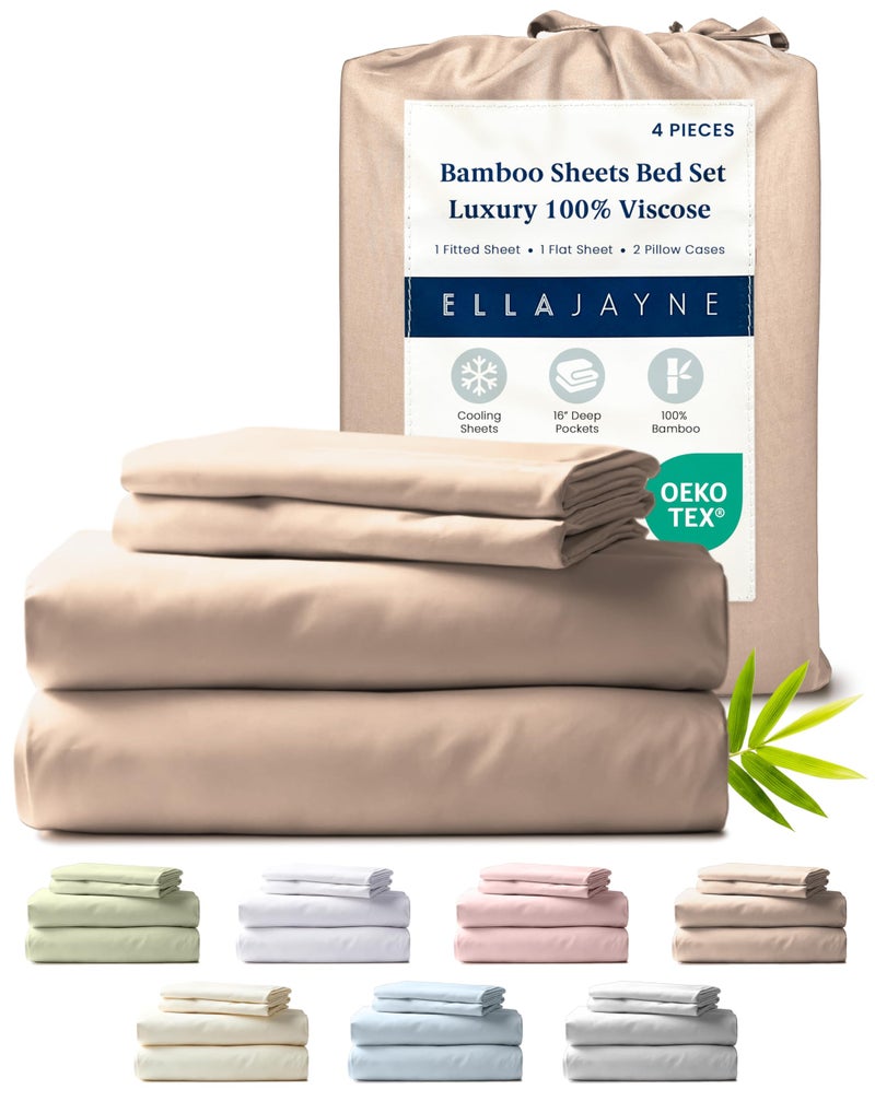 Ella Jayne Viscose Derived from Bamboo Sheets King Size Set (4 Pieces) King Size, Ultra Soft & Luxuriously Cooling, Eco-Friendly King Size Sheets Set Deep Pockets 16 Inch (Taupe) - Image 1